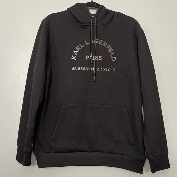 Karl Lagerfeld Paris Latitude Longitude Pullover Hoodie Black Unisex Size M - Picture 1 of 7